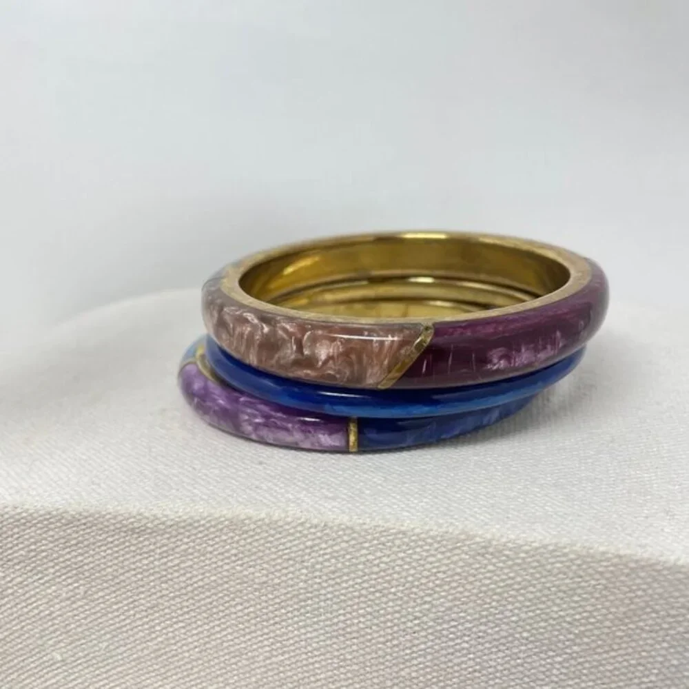 Enamel Bangle Bracelets SET OF‎ 3 Colorblock Marbled Retro Classic